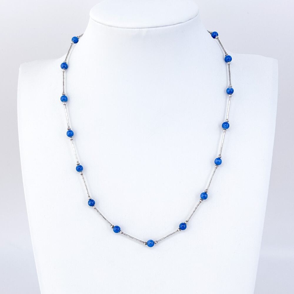 Estate Sterling Silver 925 Liquid Silver Blue Glass Bead Necklace 16"